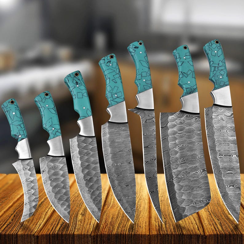 Professional 7-Piece Damascus Chef Knife Set with Leather Roll Kit