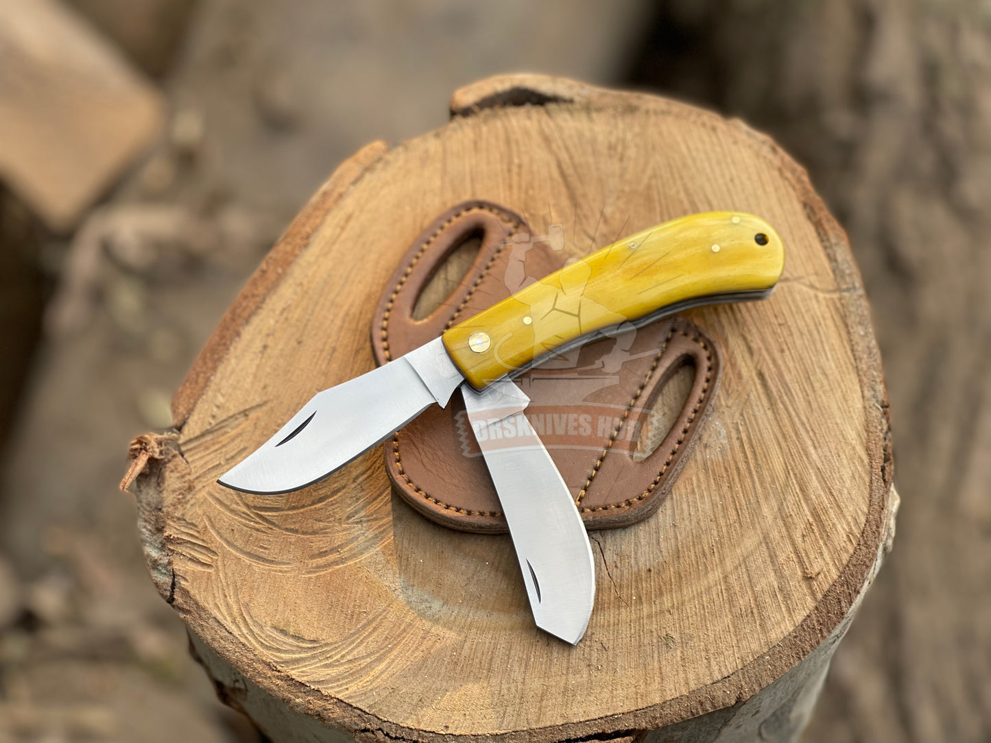 Hand Forged D2 Steel Dual Blade Folding Knife | Leather Sheath