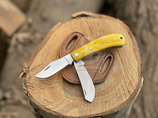 Hand Forged D2 Steel Dual Blade Folding Knife | Leather Sheath