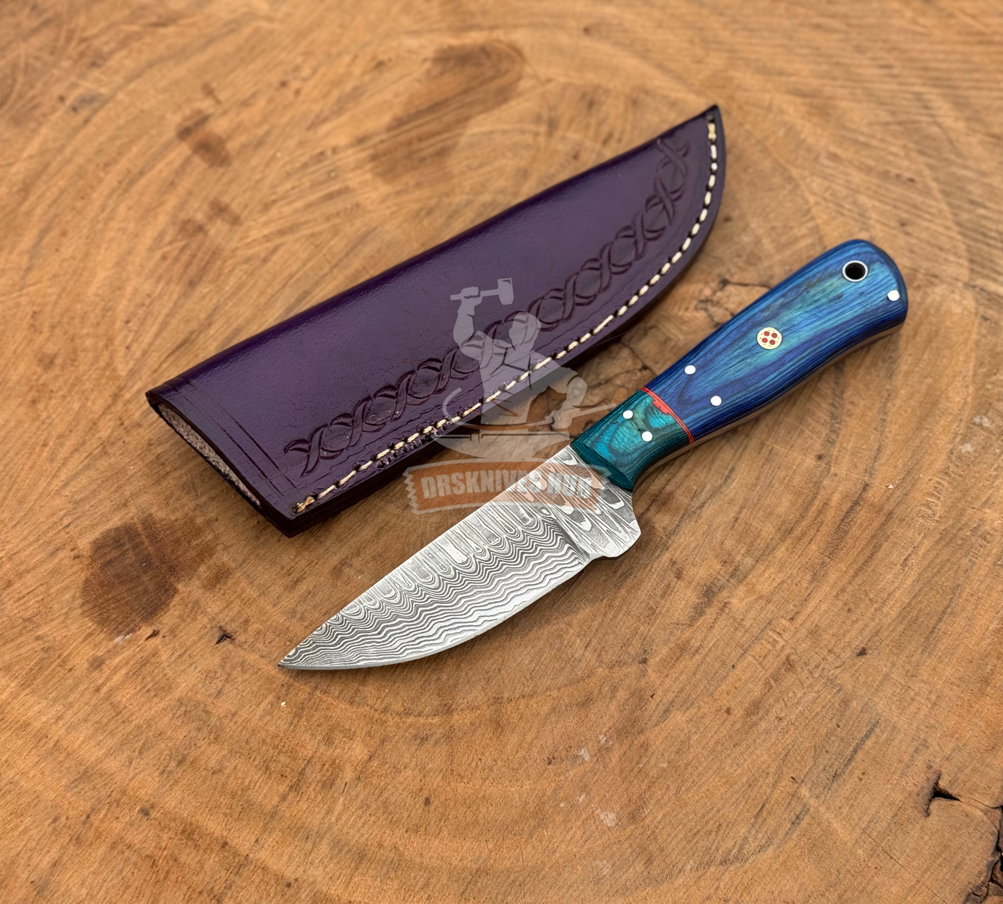 Damascus Skinning Knife 9" – Wood Handle with Leather Sheath | DRSKNIVES HUB