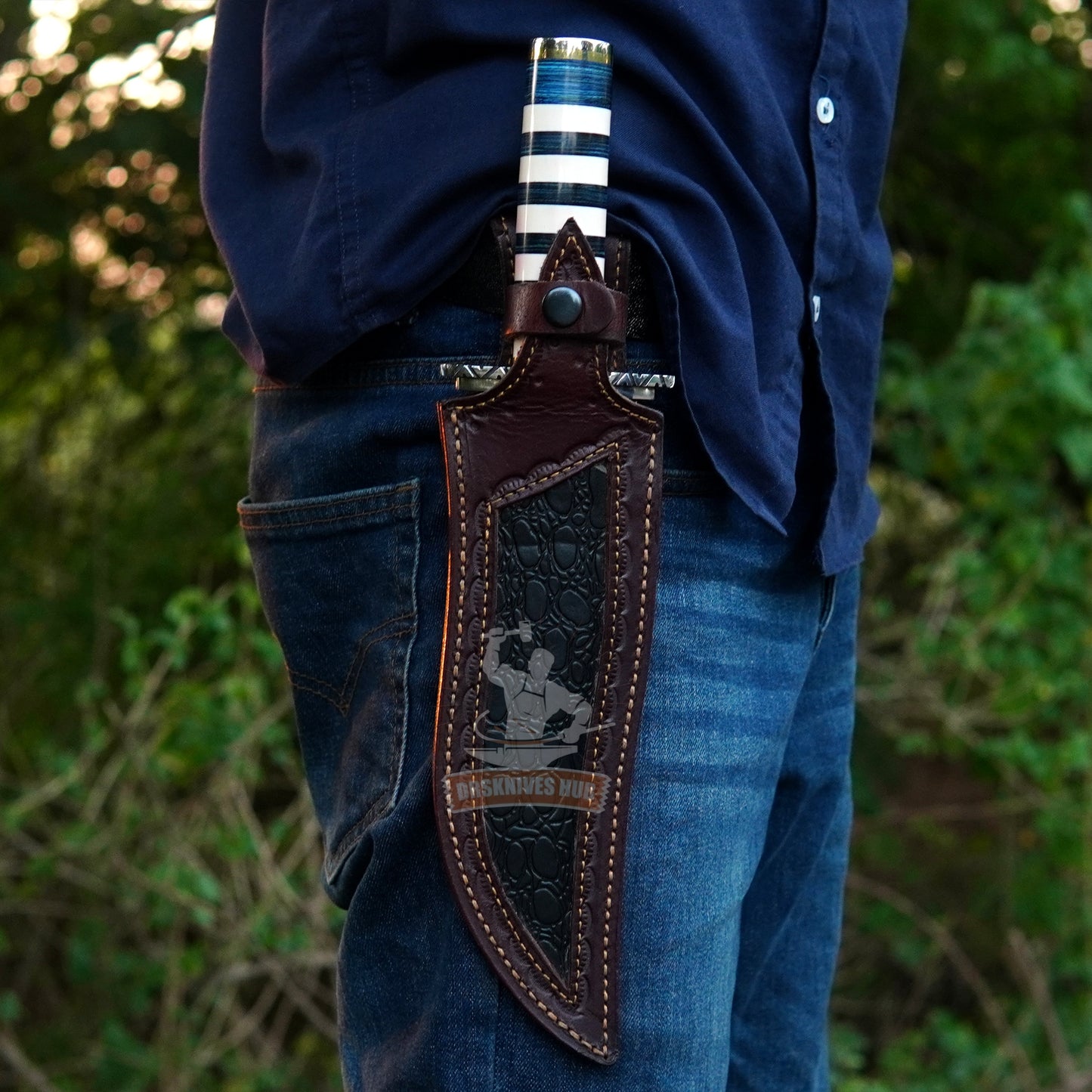 Beautifully Handmade D2 Steel Bowie Knife | 15″ Custom Hunting Knife with Blue & White Resin Handle | DRSKNIVES HUB