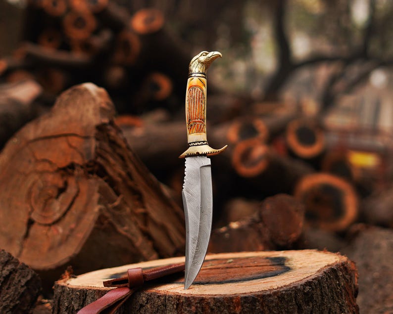 Handmade Damascus Steel Hunting Knife With Bone Handle Camping knife , Bushcraft Knife With Leather Sheath Cover