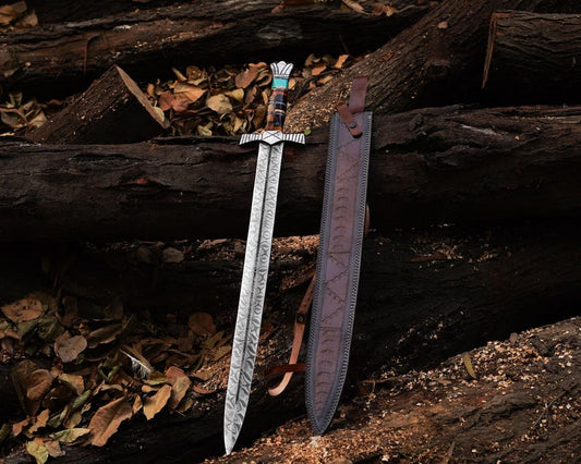 Hand Forged Damascus Steel Blade Viking Sword With  Leather Sheath Cover|| Drs Knives Hub