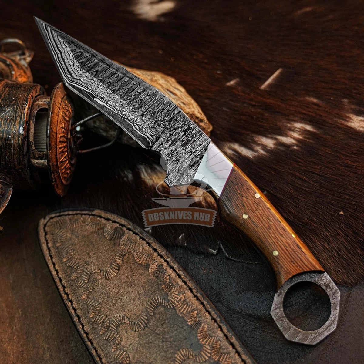 9.7" inch Damascus Tactical Knife Full Tang wood Handle Blade Leather Sheath