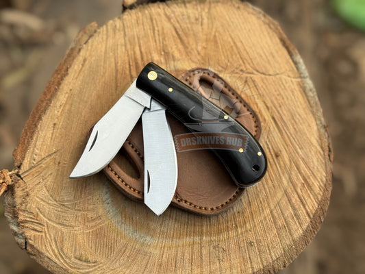 Dual Blade Trapper Knife with Buffalo Horn Handle | Handmade Folding Knife