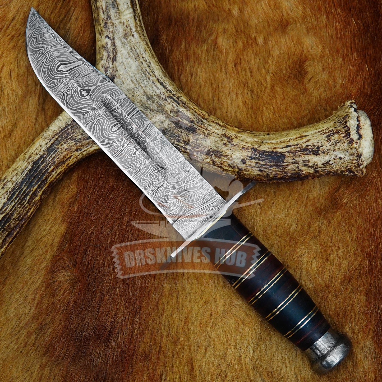 Damascus Bowie Knife 13" – Leather Stack Handle Full Tang | DRSKNIVES HUB