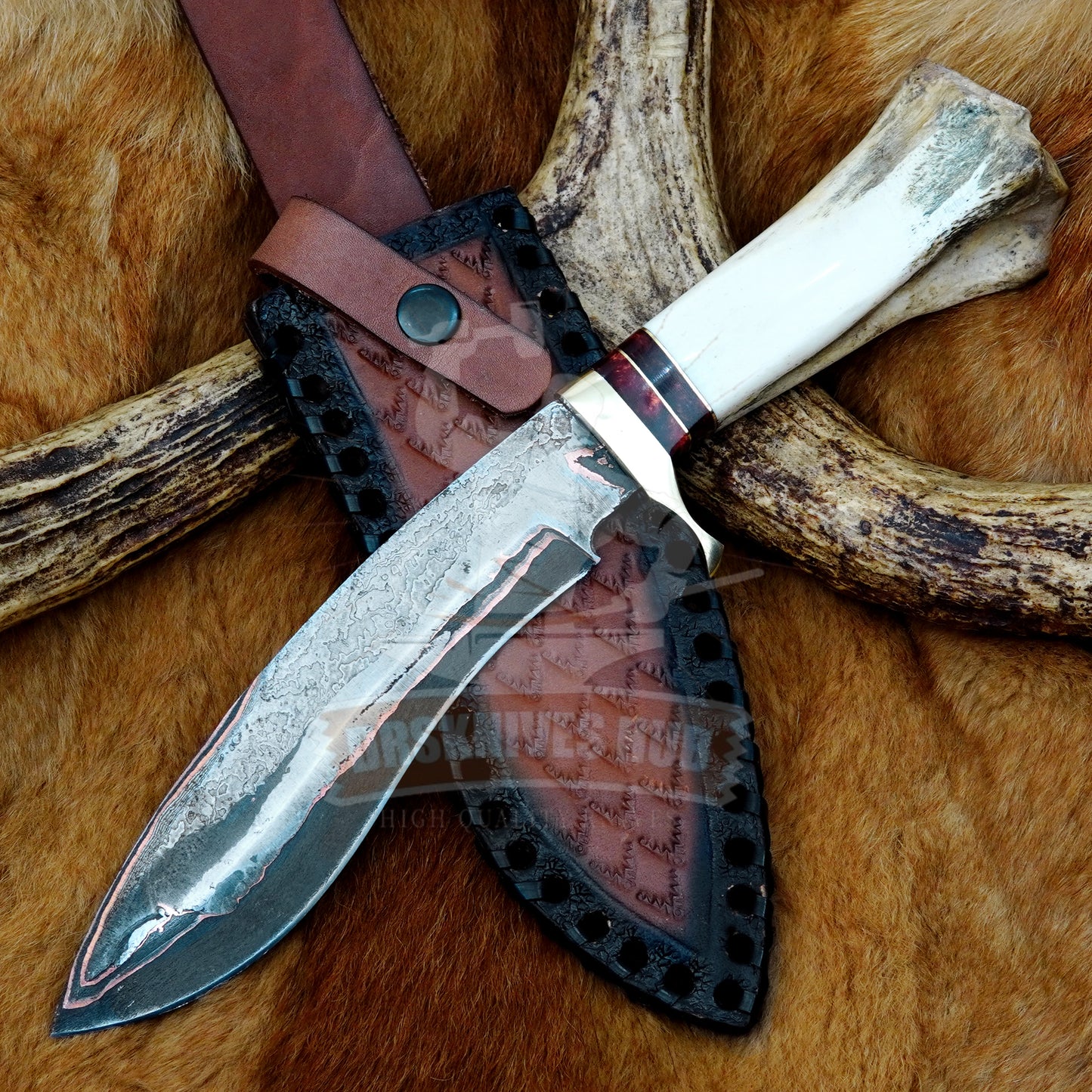 Handmade Copper Damascus Kukri Knife: Bone Handle With Leather sheath