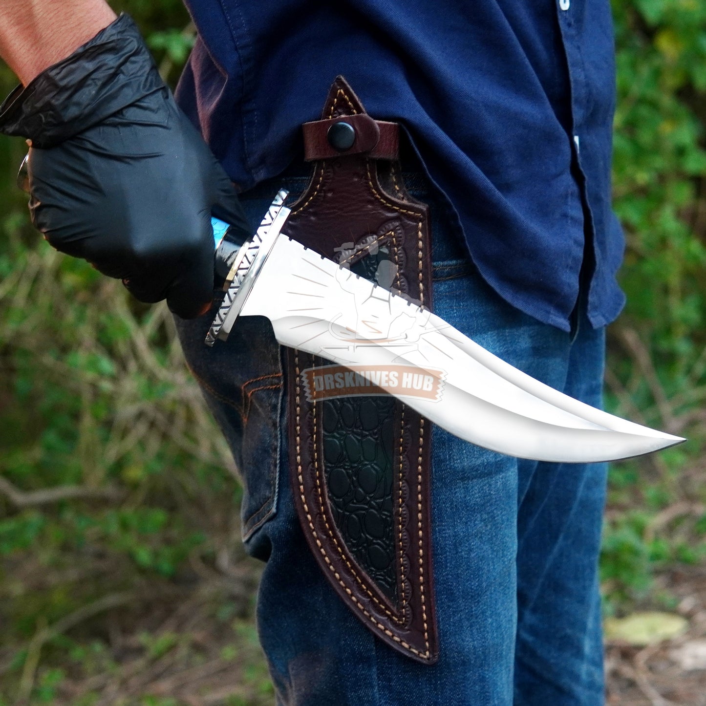 Handmade D2 Steel Bowie Knife | 15" Mirror Polished Blade with Leather Sheath | DRSKNNIVES HUB
