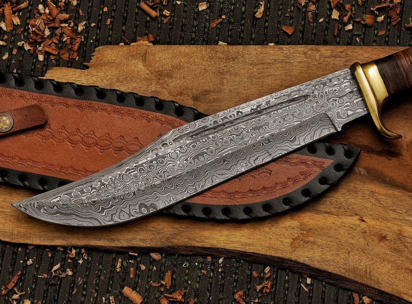 Bowie Knife With Leather Sheath Cover Custom Handmade Damascus Steel Blade Outdoor, Bowie knife