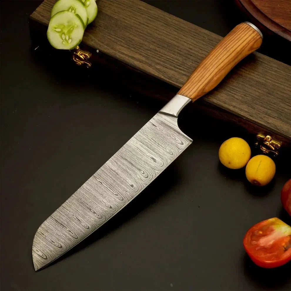 handmade Damascus kitchen knife set with leather roll
