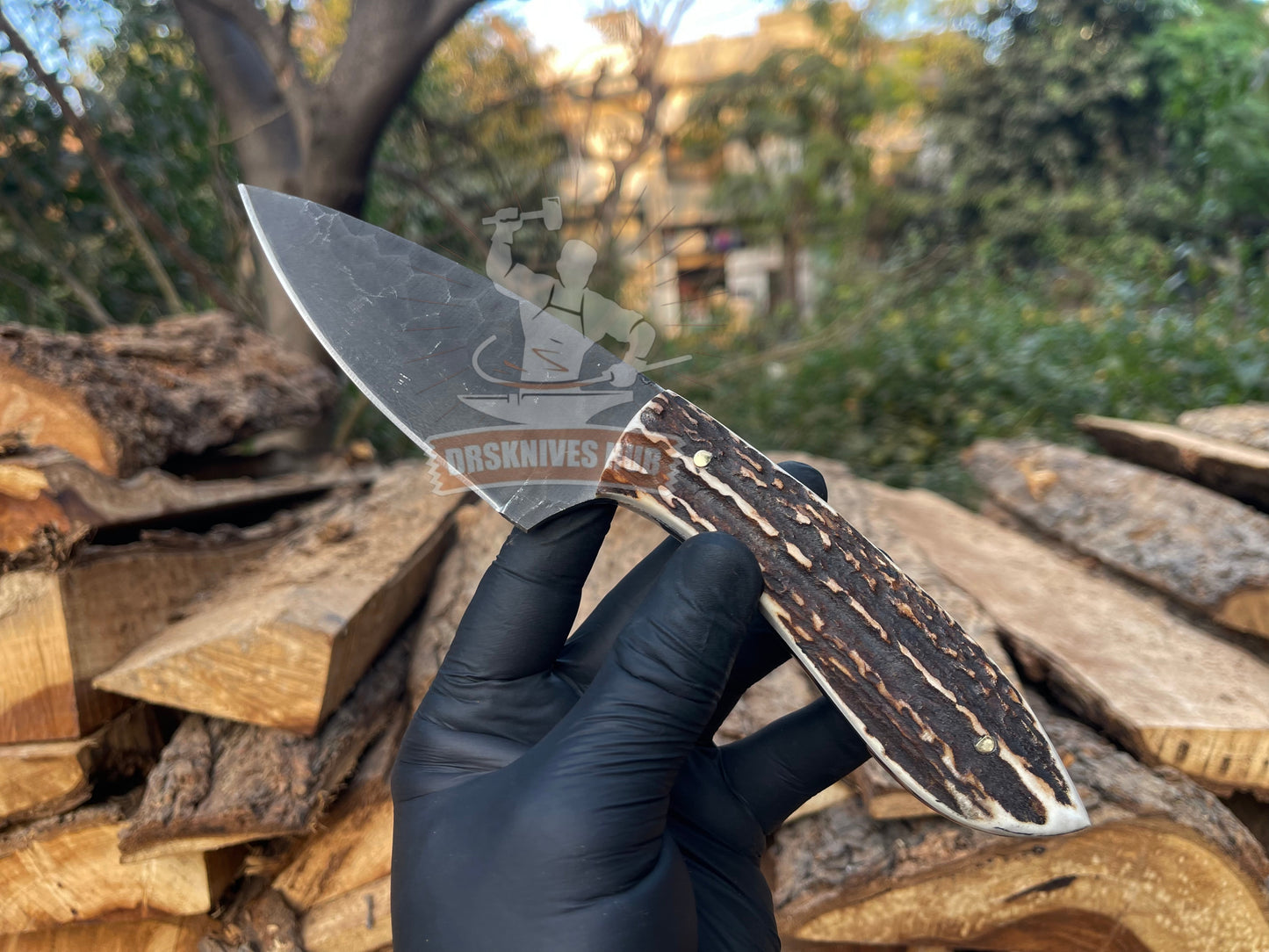 Hand-Forged Carbon Steel Powder-Coated Blade Skinning Knife with Leather Sheath | DRSKNIVES HUB