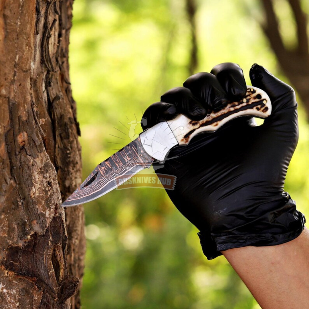 Copper Damascus Folding Pocket Knife Natural Stag Handle With Leather Pouch | DRSKNIVES HUB