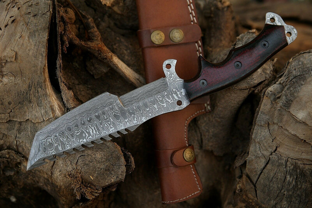 Survival Knife With Leather Sheath Custom Handmade Damascus Steel Tracker Knife