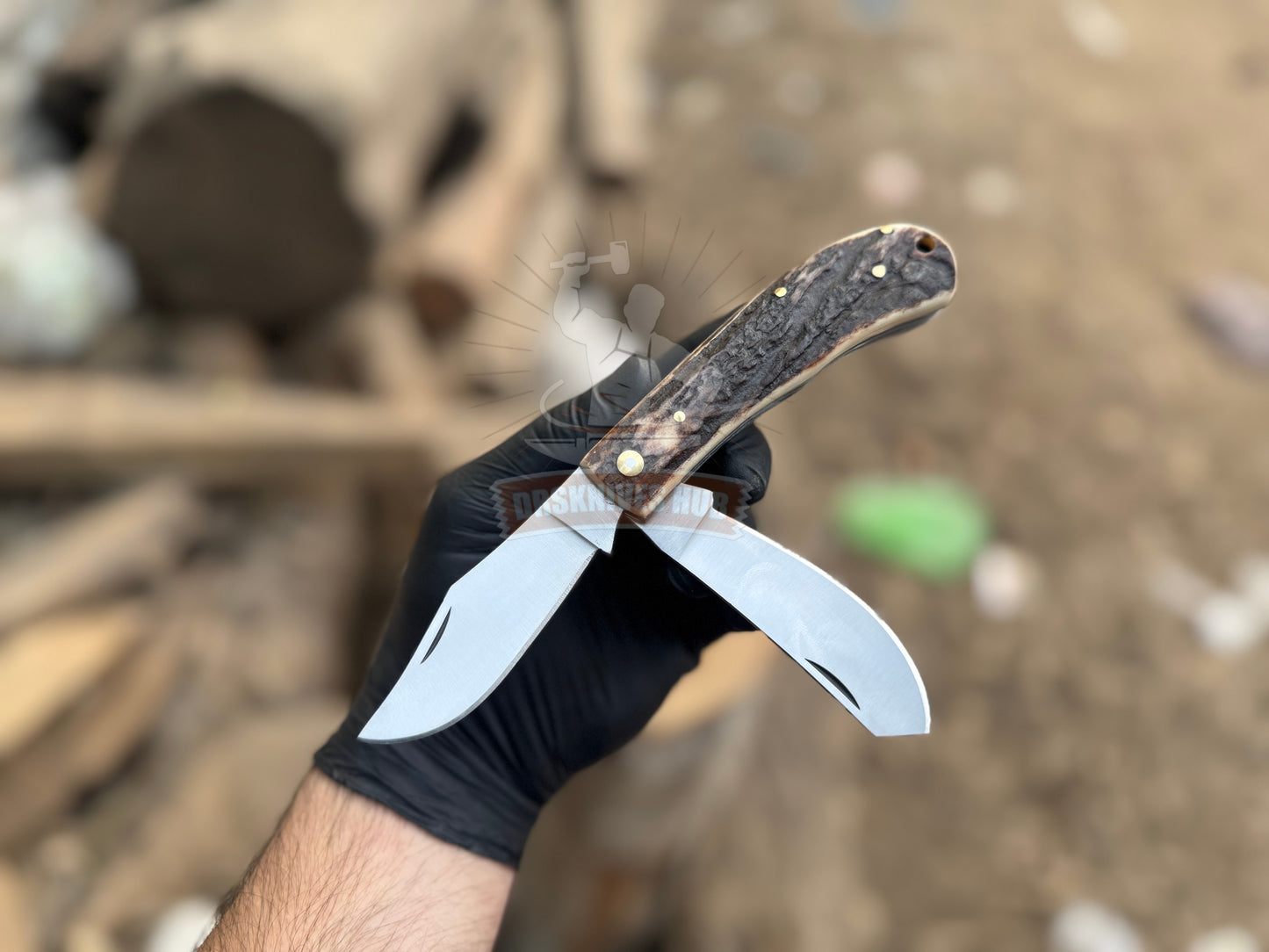 Handmade D2 Steel Dual Blade Folding Trapper Knife | Leather Sheath