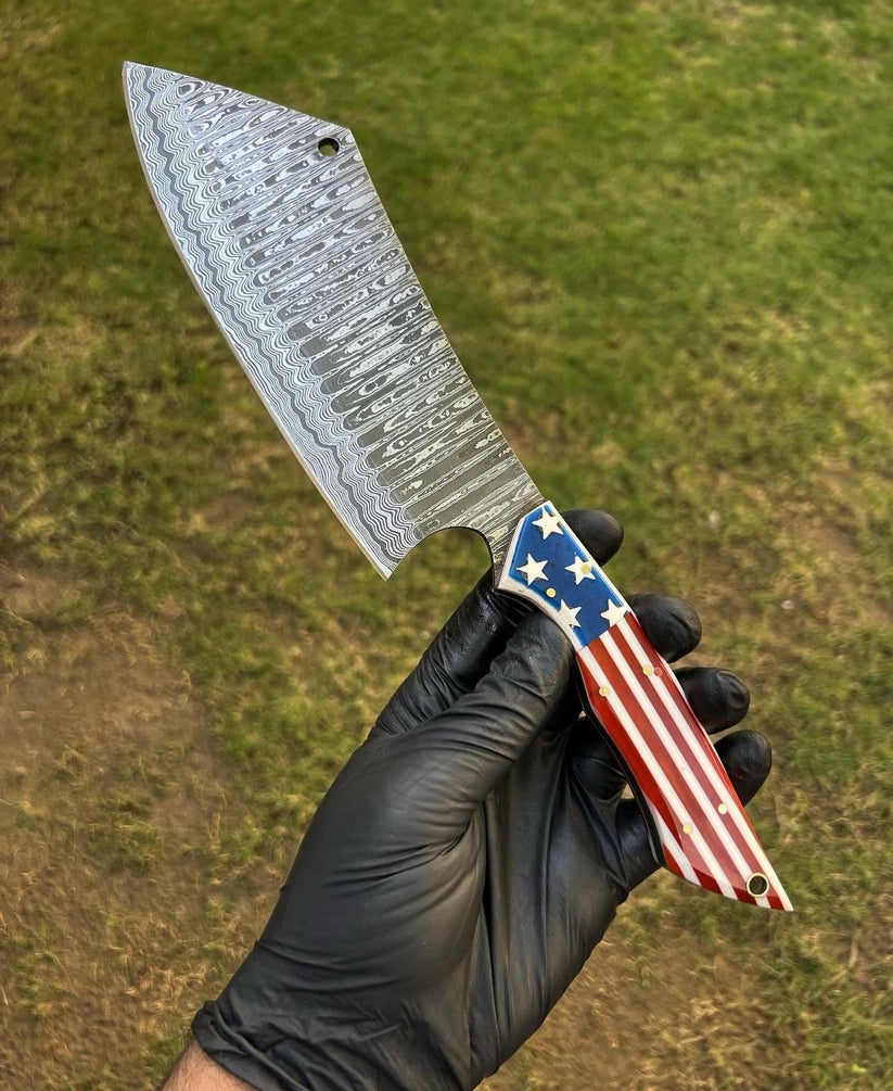 Texas Flag Handle Beautiful Handmade Damascus Steel Cleaver Knife, Chopper knife