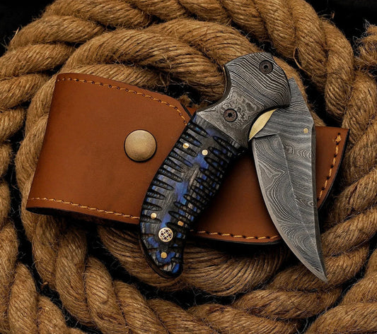 Hand Crafted Damascus Steel Blade Folding Pocket Knife With Leather Sheath 8"