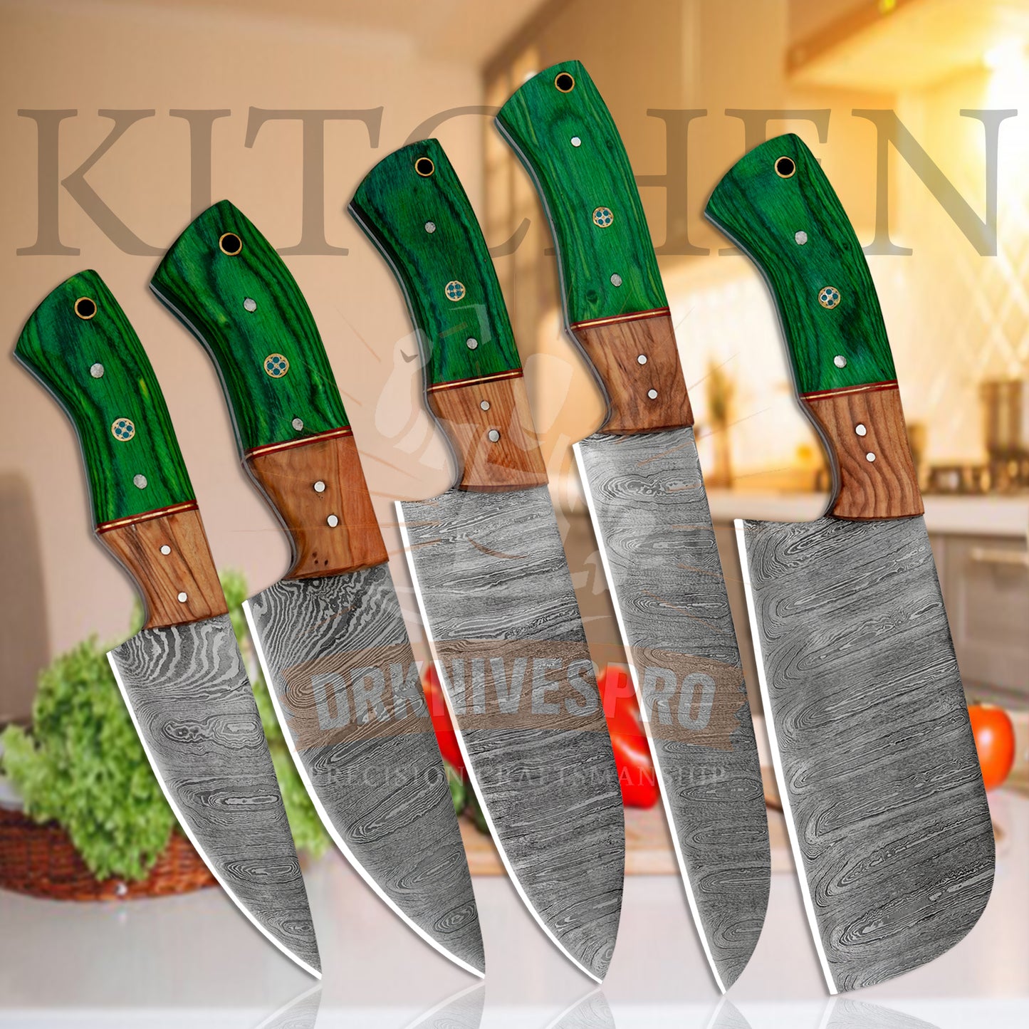 Handmade Damascus Steel Chef Knife Set – 5 Piece Green Wood Handle 