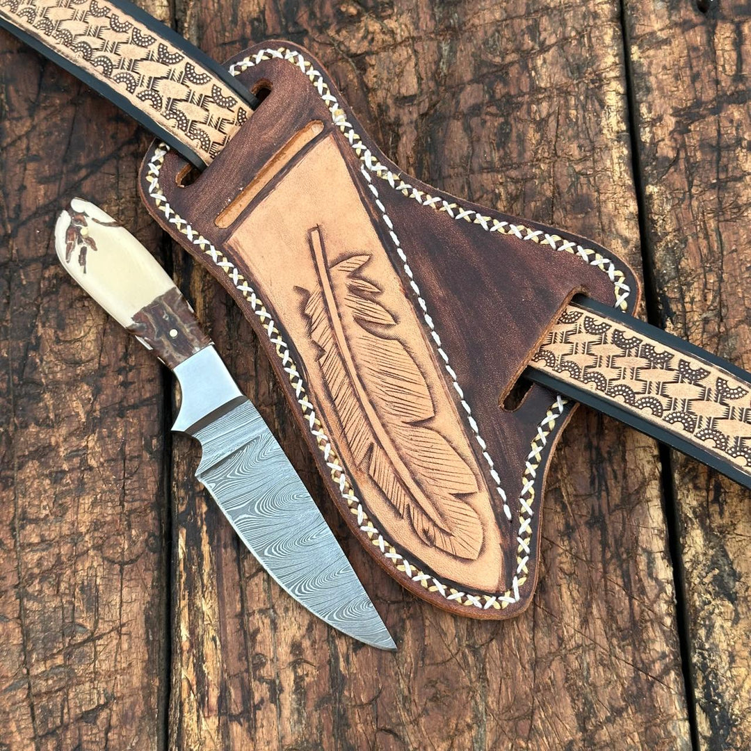 Handmade Damascus Steel Skinner Knife With Leather Sheath Cover
