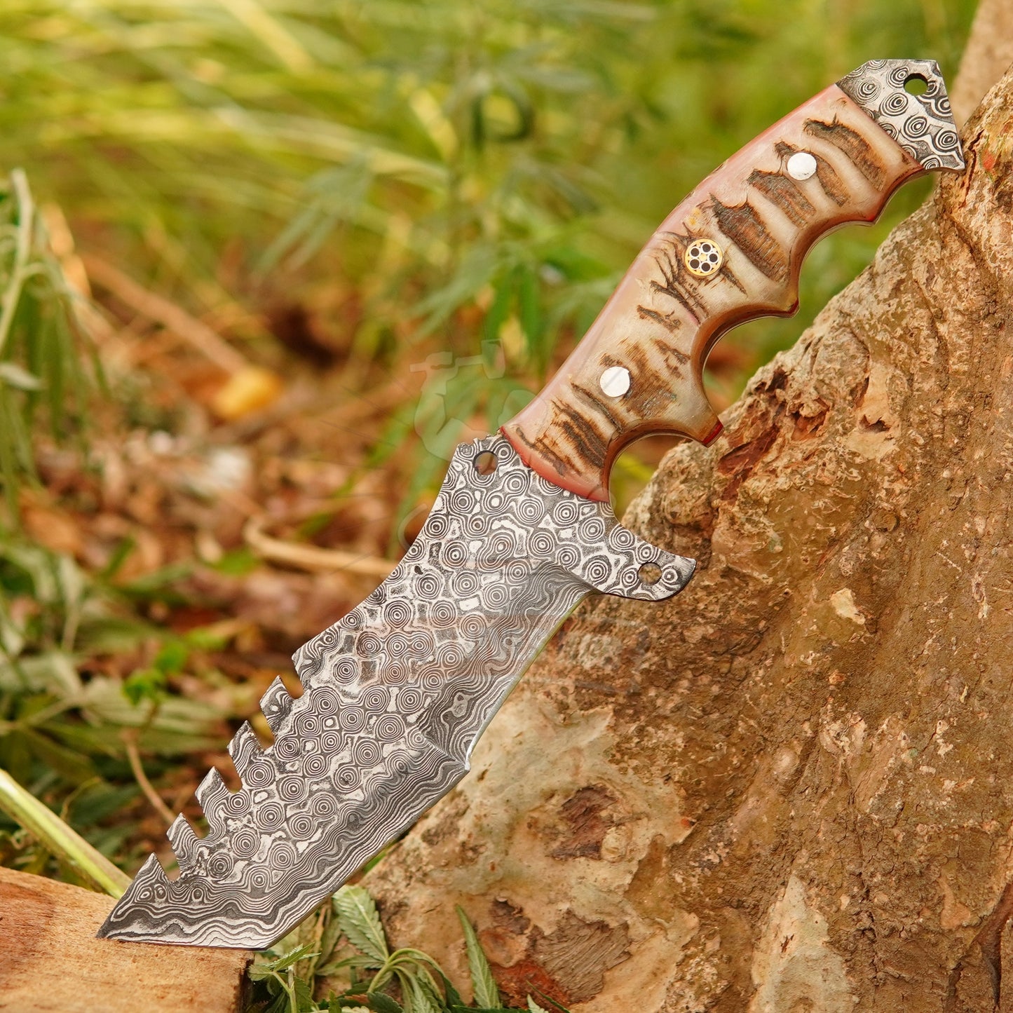 Handmade Damascus Steel Tracker Knife: Ram Horn Handle, Leather Sheath, Gift For him | DRSKNIVES HUB