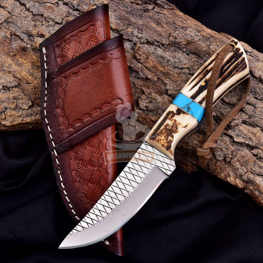 Cowboy Skinning Knife 7" – Rasp Steel Stag Horn & Turquoise | DRSKNIVES HUB