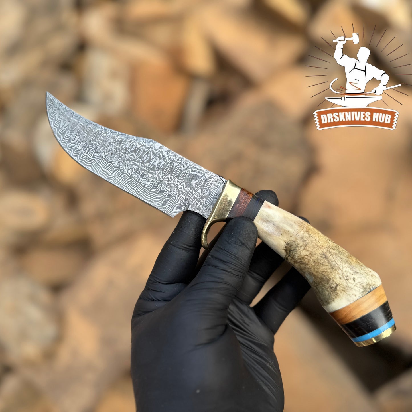 Hand-Forged Damascus Steel Knife – Premium Craftsmanship with Stag & Wood Handle | DRSKNIVES HUB