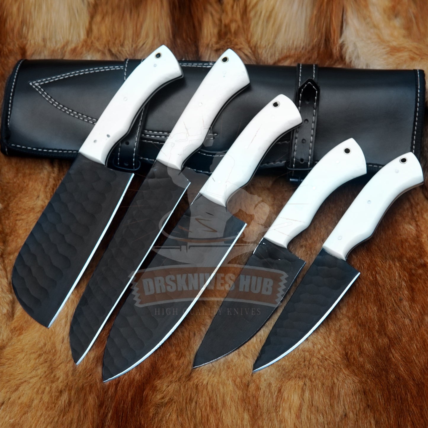 Hand Forged High Carbon Steel Chef Knife Set: Black Blade, Resin Handle, Leather Case | DRSKNIVES HUB