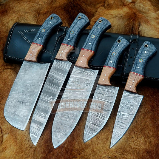 Hand Forged Damascus Chef Knife Set: 5-Piece Wood Handle Kitchen Knives set Christmas Gift | DRSKNIVES HUB