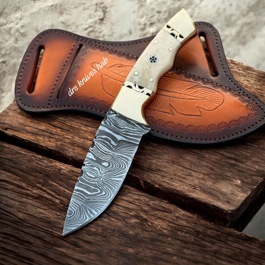 Damascus Spinning Knife 8.5" – Camel Bone Handle Hunting Knife | DRSKNIVES HUB