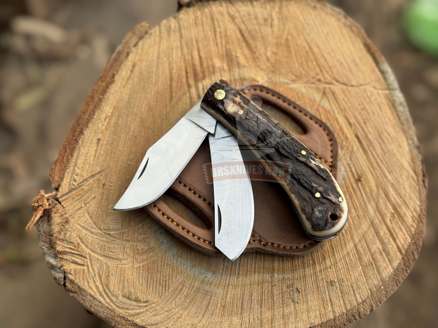 Handmade D2 Steel Dual Blade Folding Trapper Knife | Leather Sheath
