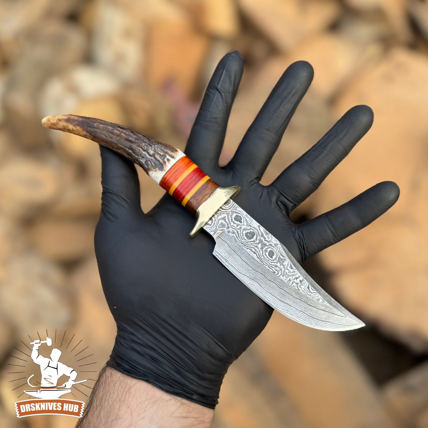 Hand-Forged Damascus Steel Knife Stag & Wood Handle  Leather Sheath Included | DRSKNIVES HUB