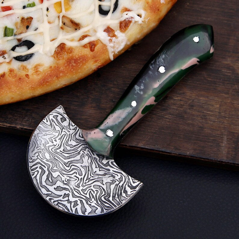 Handmade Damascus Steel Ulu Pizza Cutter, Green Resin Handle & Leather Sheath