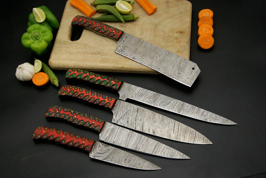 Custom Handmade Damascus Chef Set Wood Handle With Leather Roll Kit Bag