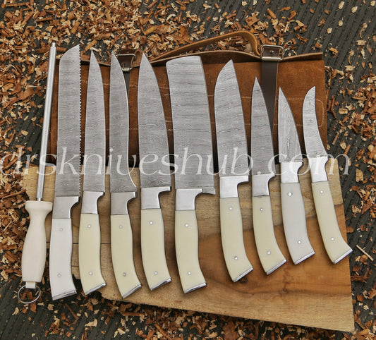 9 pcs Handmade Damascus Steel Kitchen Set Bbq Chef Knife Set With Leather Roll kit