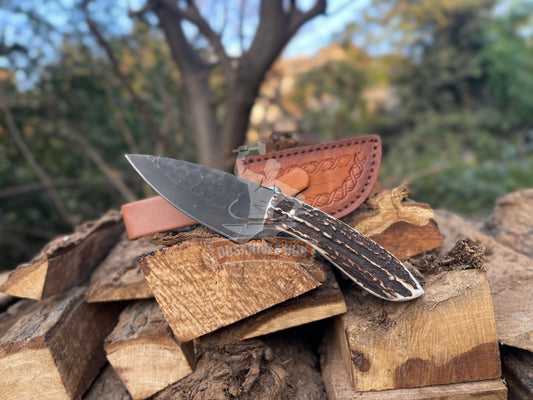 Hand-Forged Carbon Steel Powder-Coated Blade Skinning Knife with Leather Sheath | DRSKNIVES HUB