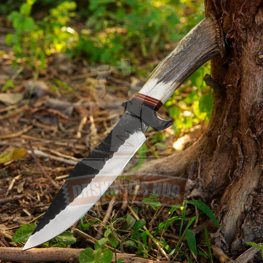 Hand Forged D2 Steel Bowie Knife: Stag Antler Handle, Leather Sheath | DRSKNIVES HUB