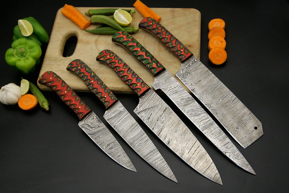 Custom Handmade Damascus Chef Set Wood Handle With Leather Roll Kit Bag