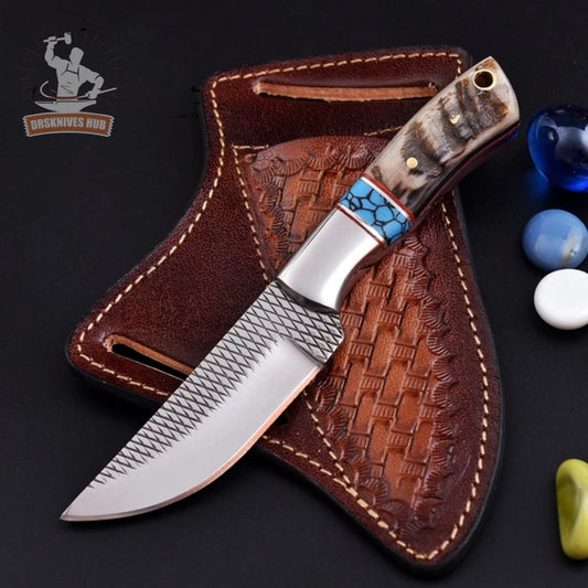 Handmade Rasp Steel Cowboy Knife – Ram Horn & Turquoise Handle | Leather Sheath