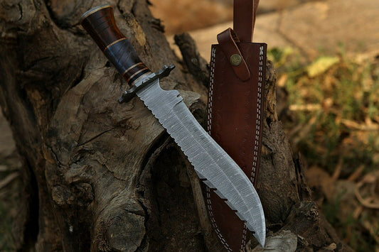 15" inches Handmade Beautiful Hunting Bowie Knife With Leather Sheath Wooden Handle