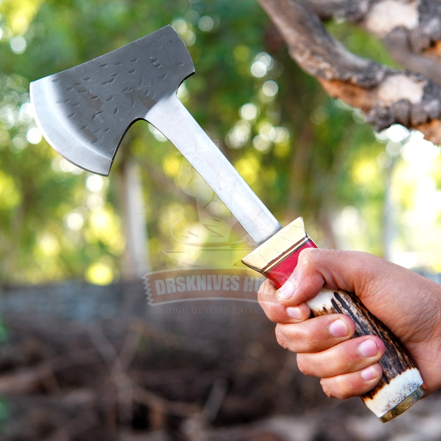 Bushcraft Axe 12" – Handmade Stag Handle Camping Hatchet | DRSKNIVES HUB