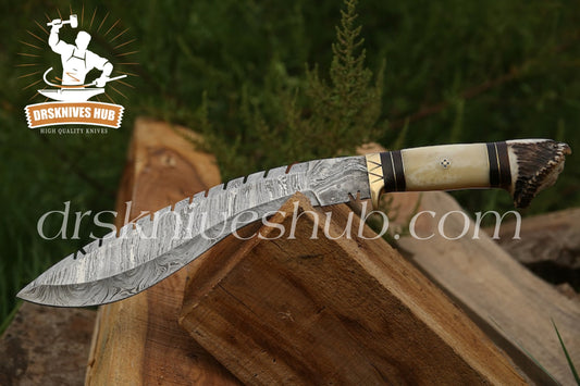 Antler & Bone Horn Handle Custom Made Damascus Steel Kukri knife With Leather Sheath Cover