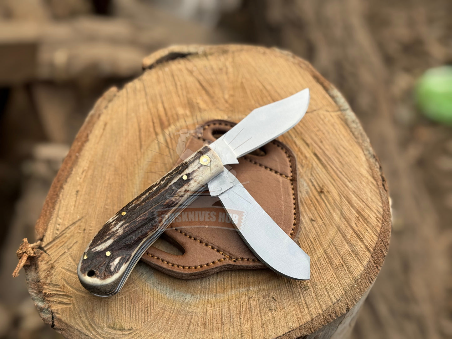 Handmade D2 Steel Dual Blade Folding Trapper Knife | Leather Sheath