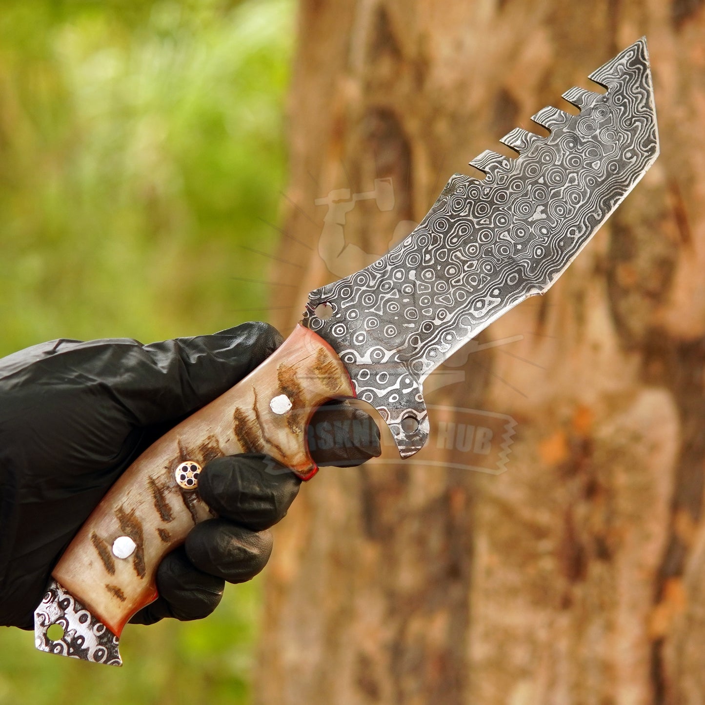 Handmade Damascus Steel Tracker Knife: Ram Horn Handle, Leather Sheath, Gift For him | DRSKNIVES HUB