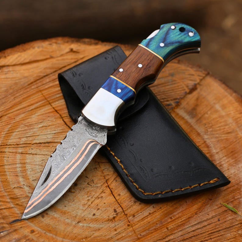 Damascus Steel Pocket Folding Knife Handmade Copper With Leather Sheath Cover
