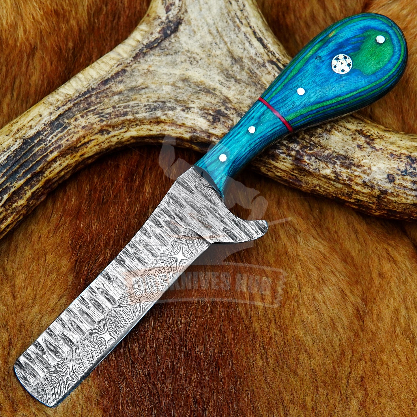 Western Style Cowboy Damascus Steel knife With Leather Sheath And Wood Handle