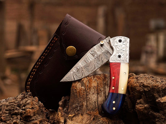 Handmade Damascus Steel Blade Folding Pocket Knife With Leather Sheath Cover Texas Flag Handle