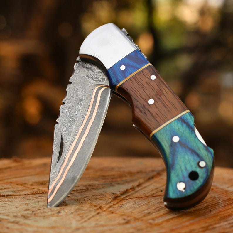 Damascus Steel Pocket Folding Knife Handmade Copper With Leather Sheath Cover