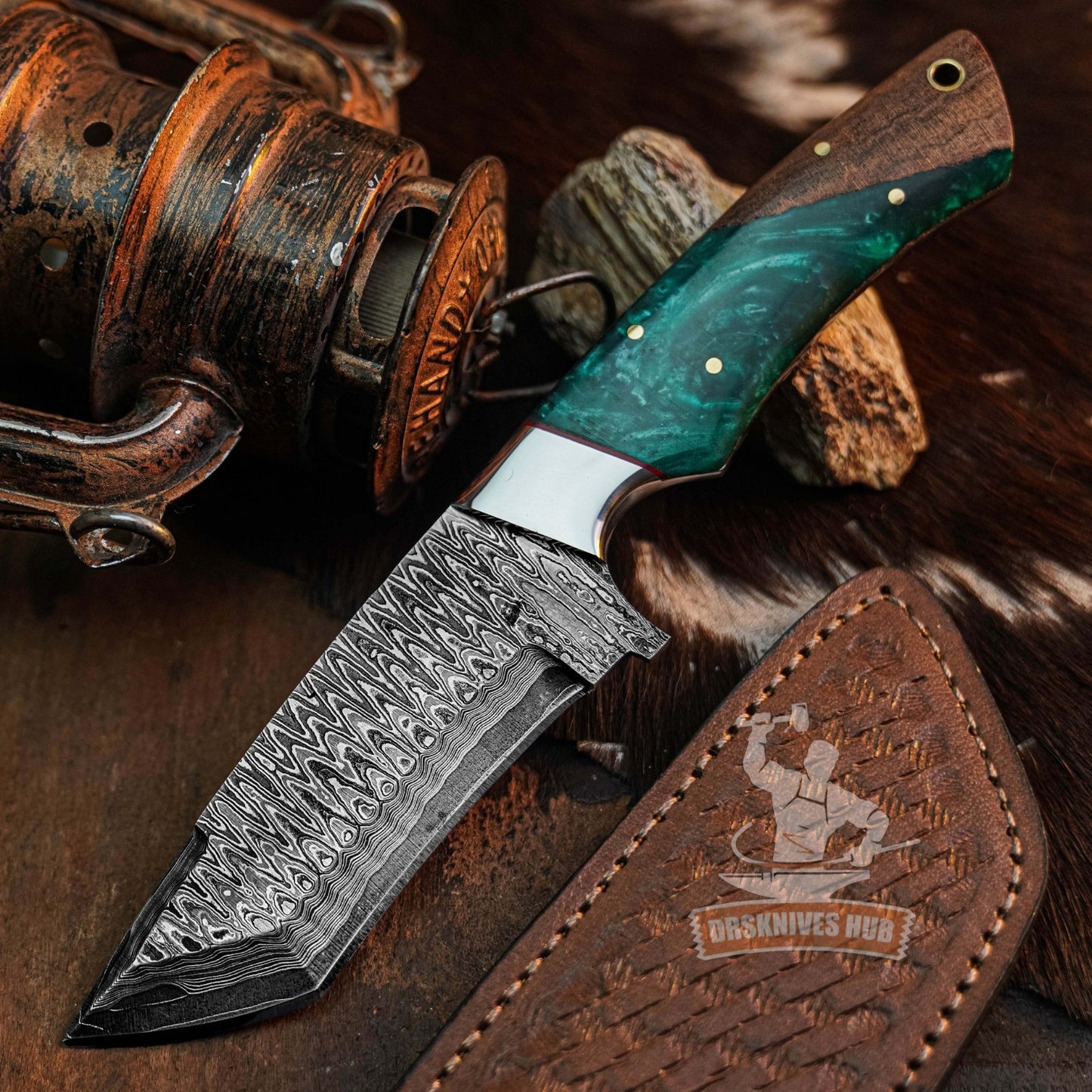 Damascus Steel  Hunting Knife FullTang Resin Handle Fix Blade Tanto knife