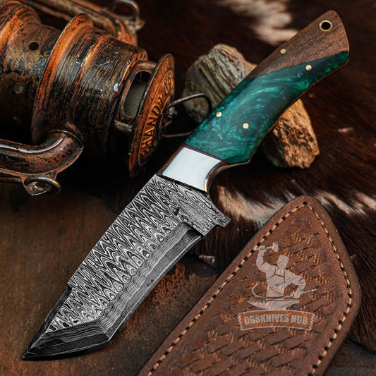 Handmade Damascus Tanto Hunting Knife 9.3" with Full Tang Resin Handle | 4.3" Blade | Leather Sheath