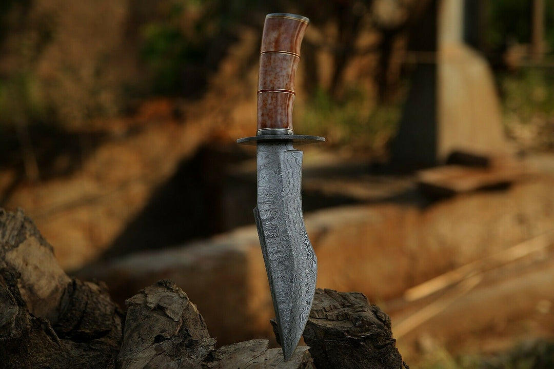 Custom Handmade Damascus Steel Bowie knife Outdoor Camping knife Fixed Blade With Leather Sheath Cover