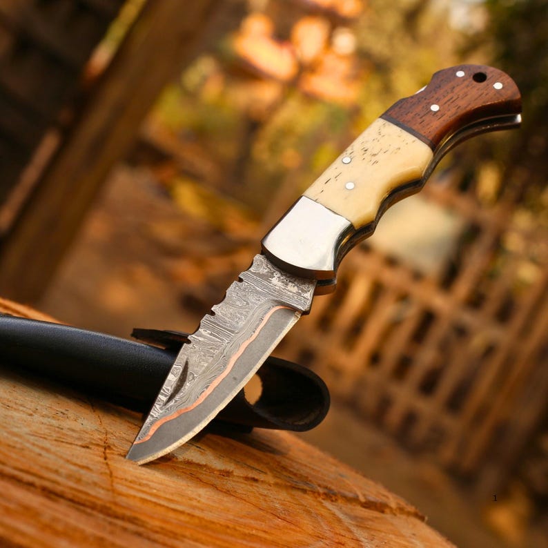Custom Handmade Damascus Steel Copper Pocket Knife With Leather Sheath Cover